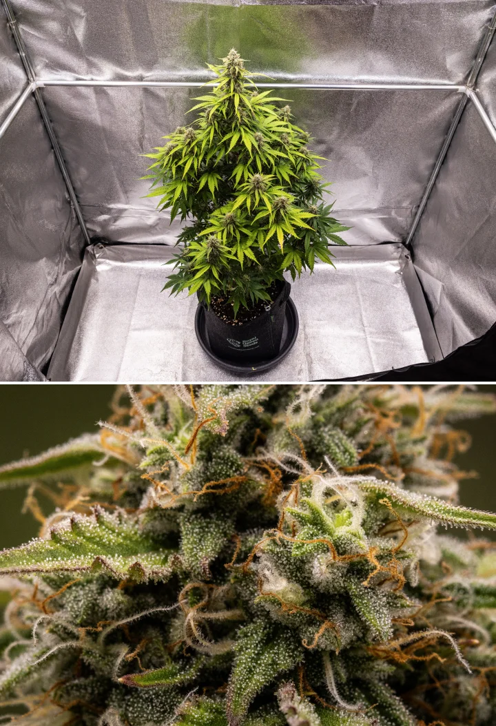 Grow report Atlas F1: semana 8, flores prontas para a colheita Planta de canábis Atlas F1 a crescer num vaso de tecido durante a semana 8 do grow report, mostrando flores maduras e resinosas, cobertura densa de tricomas, pistilos laranja e floração pronta para a colheita.