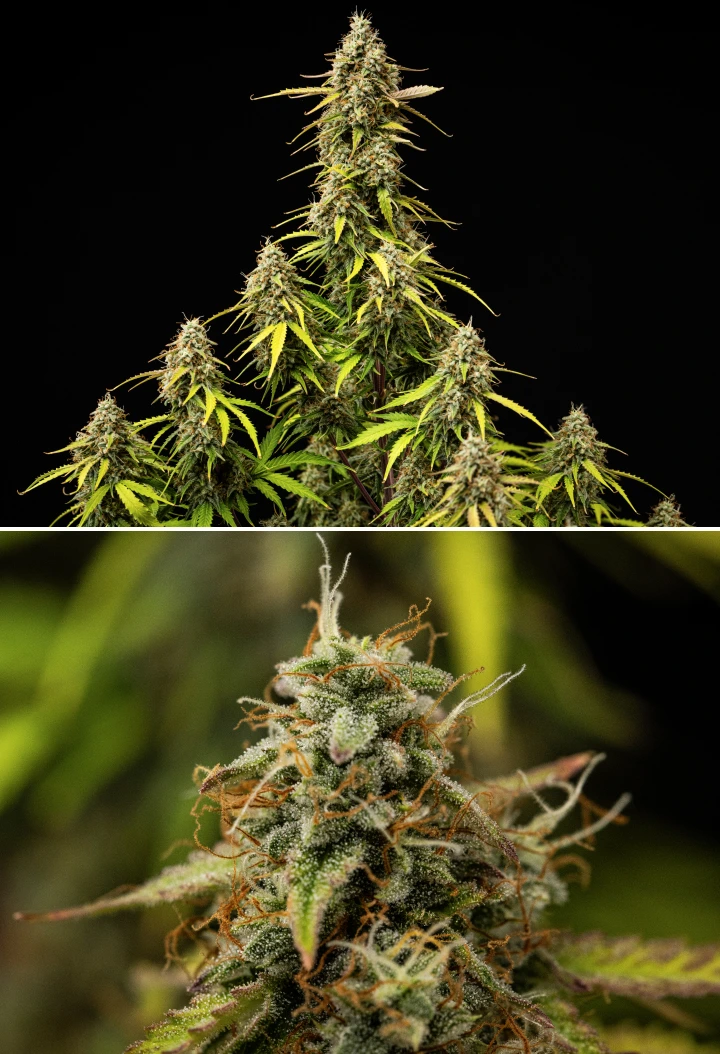 Grow report Atlas F1: semana 9, maturação final Planta de canábis Atlas F1 durante a semana 9 do grow report, mostrando flores totalmente maduras, cobertura densa de tricomas, pistilos laranja, folhas a perder cor e crescimento de floração maduro.