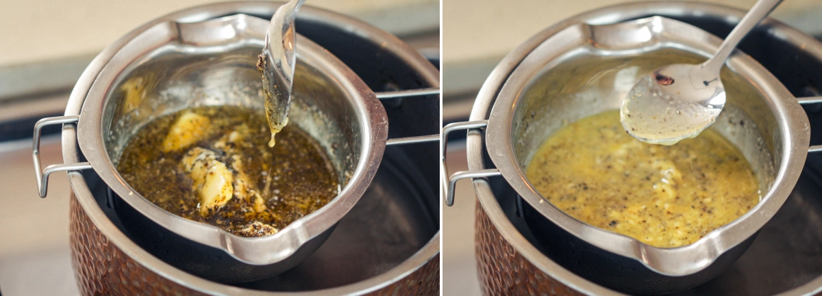 Ferver suavemente a cannabutter em banho-maria Mistura de cannabutter a fervilhar suavemente em banho-maria, com uma colher a mexer a manteiga infusionada para manter um calor uniforme e evitar o sobreaquecimento