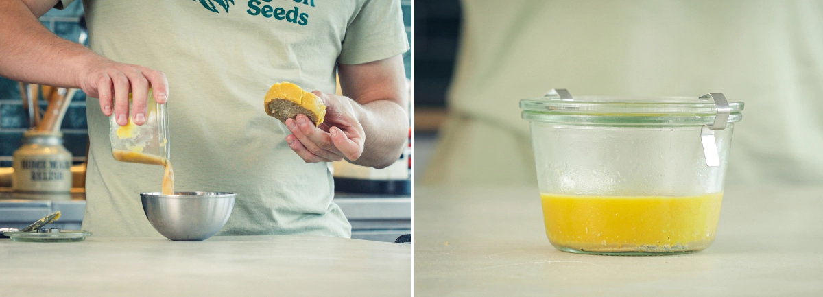 Coar a cannabutter e refrigerar a manteiga finalizada Coar a cannabutter para uma taça limpa e transferir a manteiga clarificada para um recipiente para refrigeração depois de remover a matéria vegetal