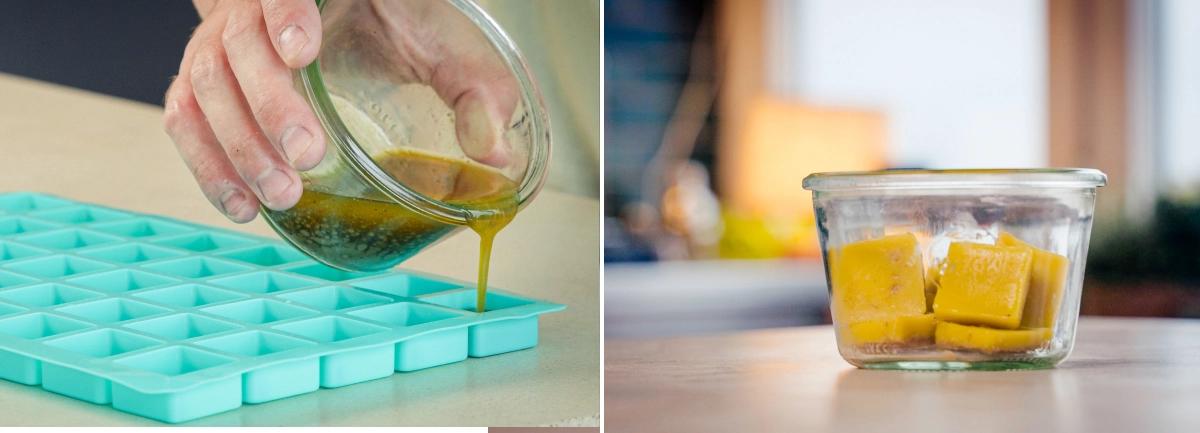 Porcionar cannabutter em cubos depois de separar a água Cannabutter a ser vertida em moldes de silicone para porcionar, com cubos de manteiga finalizados guardados num recipiente de vidro depois de separar a manteiga da água