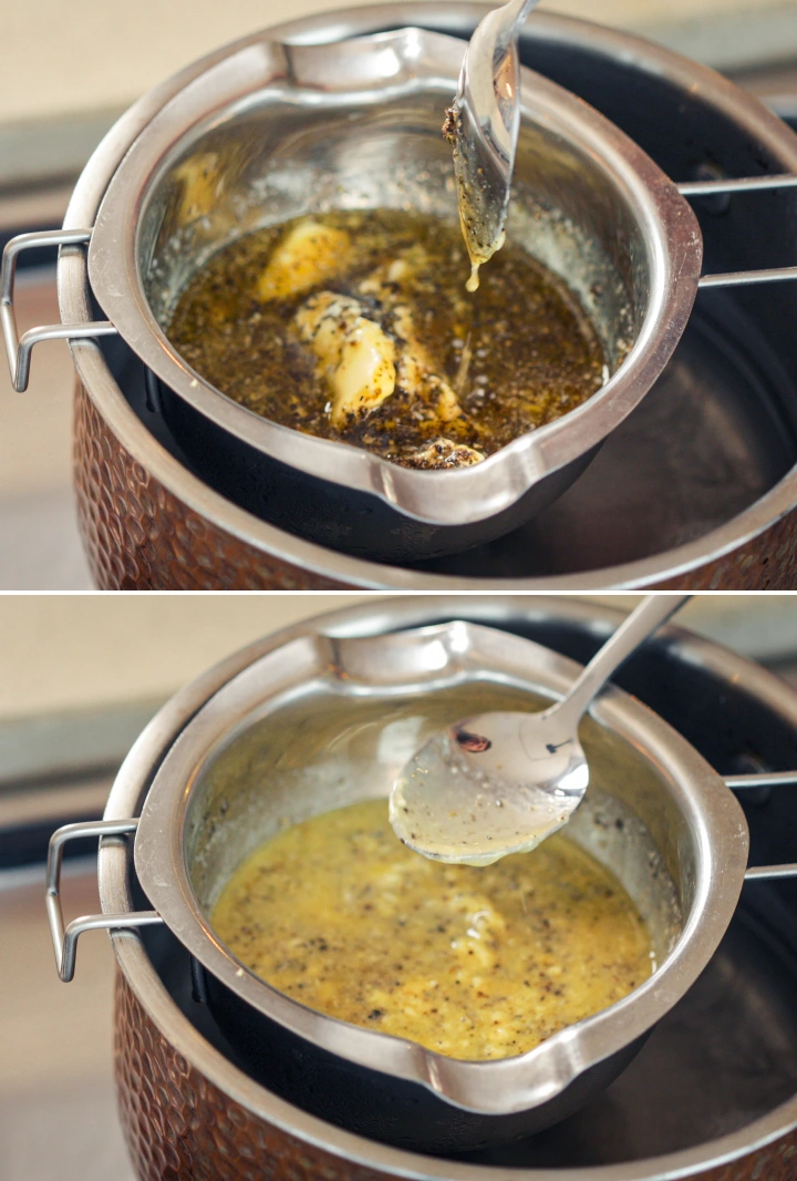 Ferver suavemente a cannabutter em banho-maria Mistura de cannabutter a fervilhar suavemente em banho-maria, com uma colher a mexer a manteiga infusionada para manter um calor uniforme e evitar o sobreaquecimento