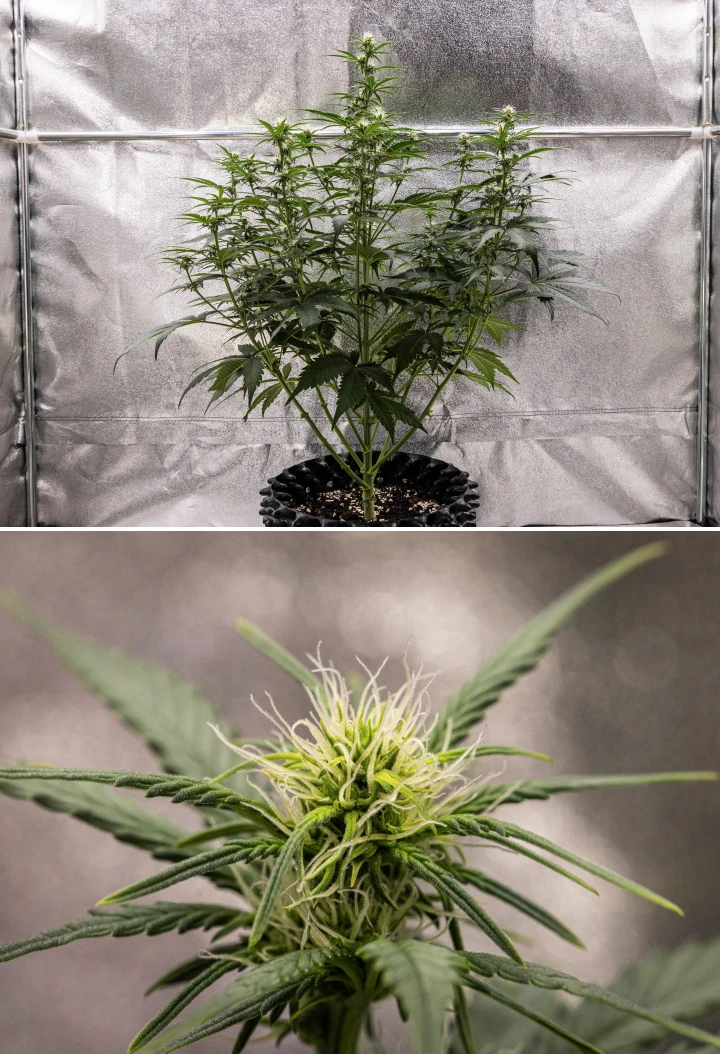 Planta de cannabis Cosmos F1 durante a semana 2 de floração, mostrando formação inicial de buds, folhagem verde saudável, estrutura vertical dos ramos e pistilos brancos em desenvolvimento entre os dias 33 e 40 de brotação.