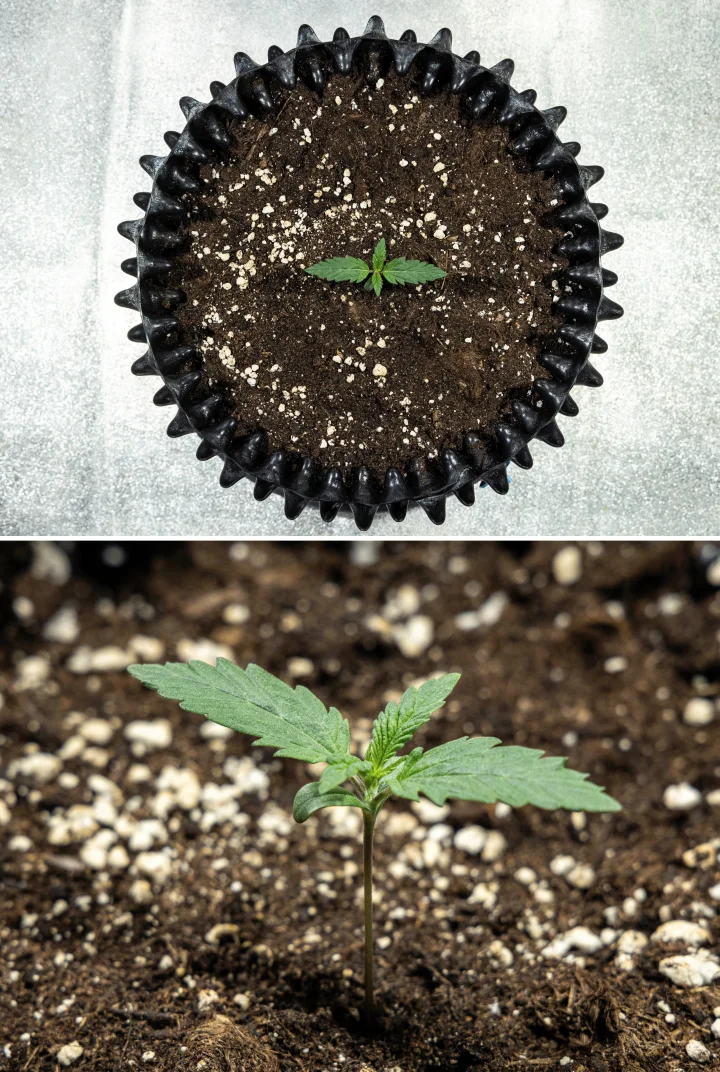 Plântula de cannabis Cosmos F1 durante a germinação, emergindo de forma uniforme do solo entre os dias 1 e 5.
