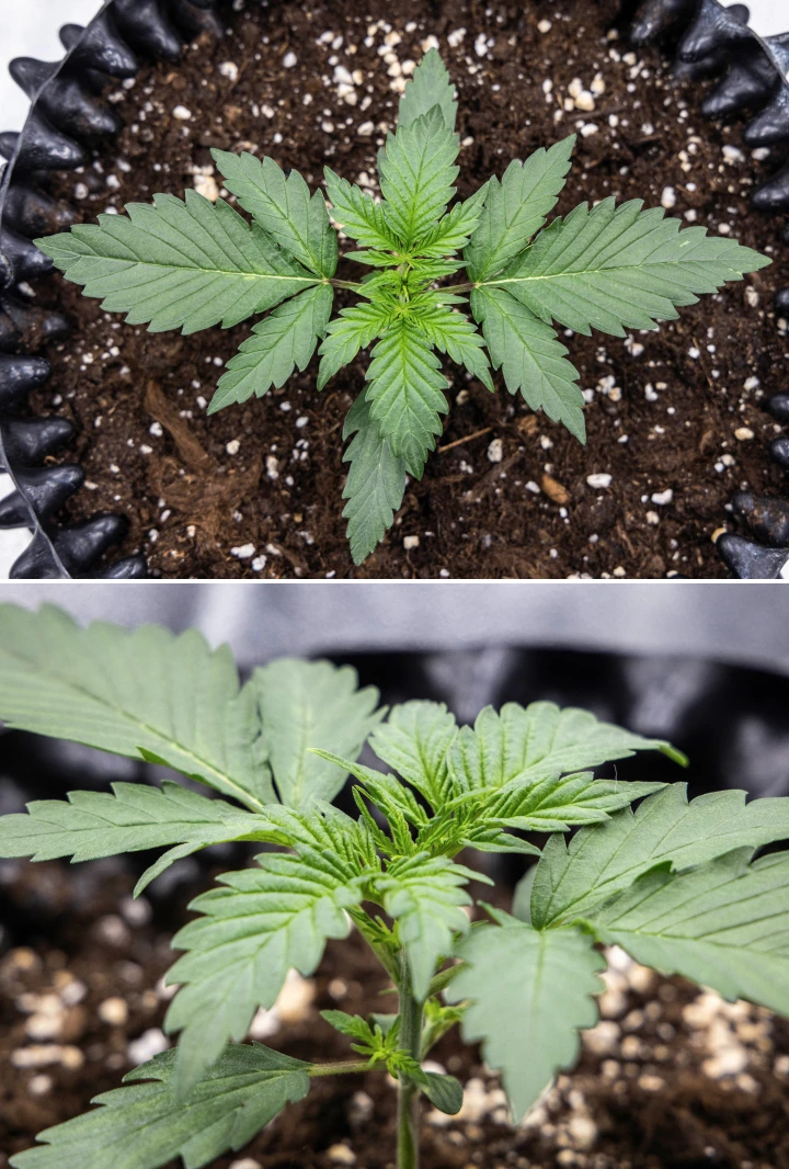 Planta de cannabis Cosmos F1 durante a semana 1 de vegetação, com crescimento compacto e ereto, espaçamento uniforme das folhas e folhagem inicial saudável entre os dias 5 e 12 de brotação.