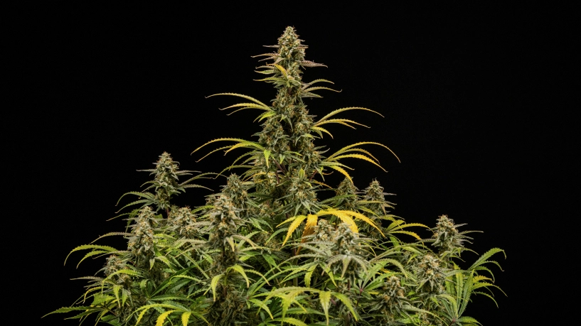 Plantas de canábis Hyperion F1 maduras sobre um fundo preto, mostrando colas altas em floração, flores resinosas, folhas a perder cor e uma copa vigorosa durante a fase final de floração.