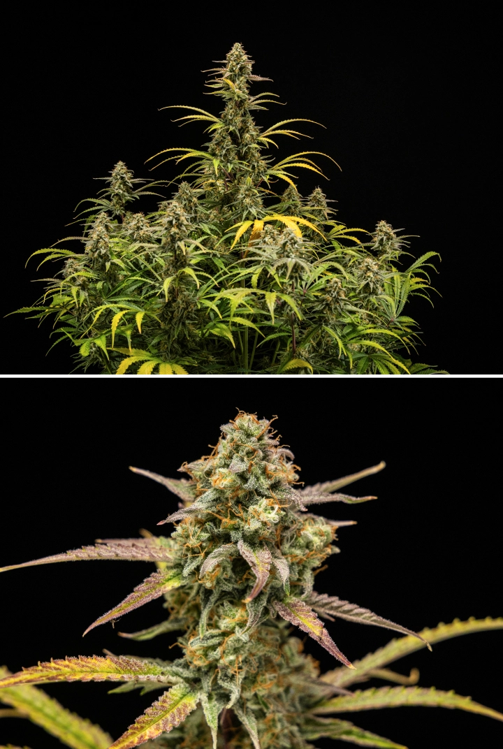 Plantas de canábis Hyperion F1 na colheita, mostrando colas maduras e resinosas, cobertura gelada de tricomas, pistilos laranja, folhas amarelas e roxas a perder cor e crescimento floral denso sobre um fundo preto.