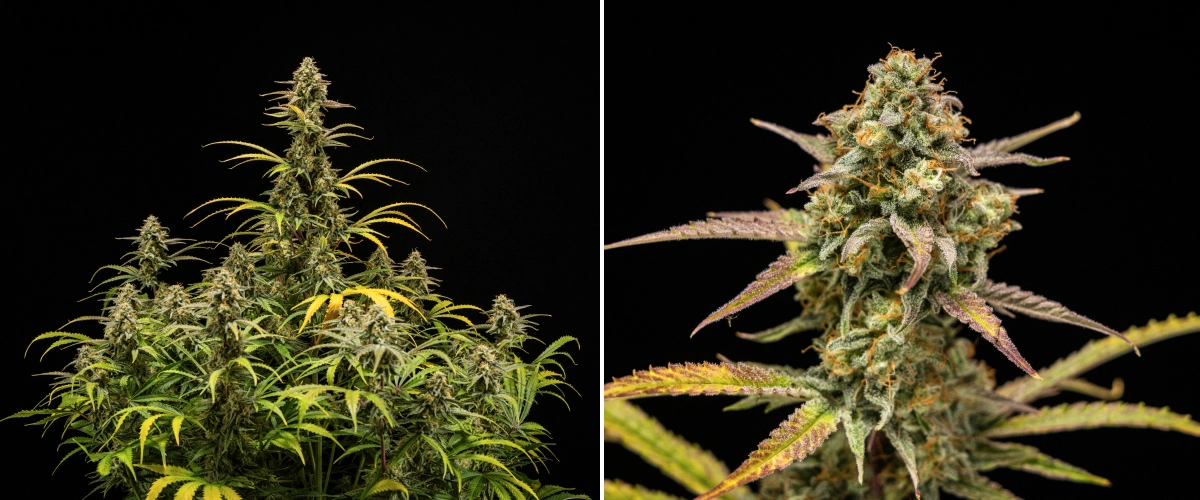 Plantas de canábis Hyperion F1 na colheita, mostrando colas maduras e resinosas, cobertura gelada de tricomas, pistilos laranja, folhas amarelas e roxas a perder cor e crescimento floral denso sobre um fundo preto.