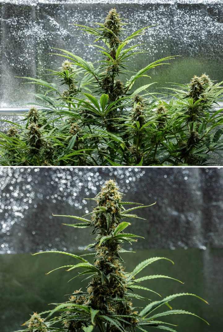 Planta de canábis Hyperion F1 durante a semana 9 do grow report, mostrando colas maduras em floração, flores resinosas, pistilos laranja, folhas a perder cor e maturação final dentro de uma tenda de cultivo.