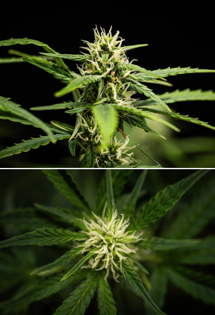 Planta de canábis NYC Sour Diesel Auto na semana 6 de floração, atingindo cerca de 122 cm, com crescimento vertical mais lento, flores mais firmes, desenvolvimento inicial de resina e formação floral densa sob luz LED