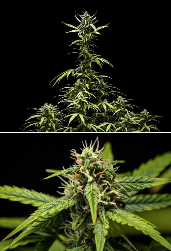 Planta de canábis NYC Sour Diesel Auto na semana 7 de floração com flores densas e pegajosas, maior produção de resina, uma cola principal próxima da luz, ligeiro amarelecimento das folhas e ramos dobrados com suporte