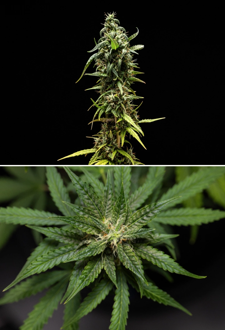 Planta de canábis NYC Sour Diesel Auto na semana 8 de floração com tricomas leitosos, flores compactas e aromáticas, forte produção de resina e uma cola superior ligeiramente menos madura perto da colheita