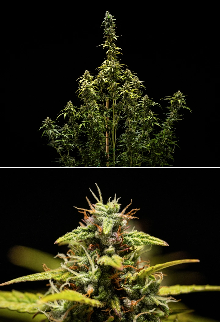 Planta de canábis NYC Sour Diesel Auto na semana 9 de floração no momento da colheita, com tricomas maioritariamente leitosos, flores densas, estrutura alta e ligeiro stress luminoso na cola superior