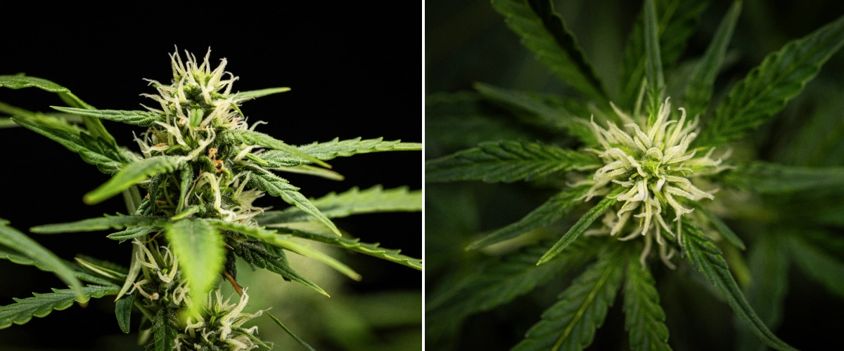 Planta de canábis NYC Sour Diesel Auto na semana 6 de floração, atingindo cerca de 122 cm, com crescimento vertical mais lento, flores mais firmes, desenvolvimento inicial de resina e formação floral densa sob luz LED