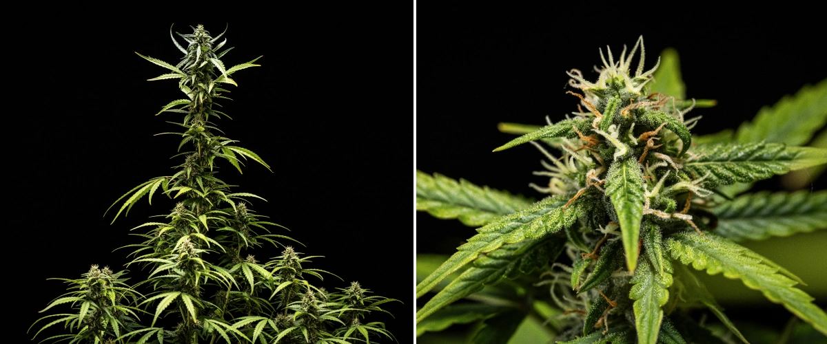 Planta de canábis NYC Sour Diesel Auto na semana 7 de floração com flores densas e pegajosas, maior produção de resina, uma cola principal próxima da luz, ligeiro amarelecimento das folhas e ramos dobrados com suporte