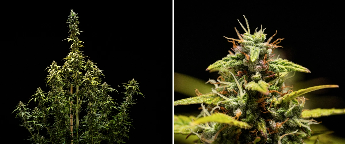 Planta de canábis NYC Sour Diesel Auto na semana 9 de floração no momento da colheita, com tricomas maioritariamente leitosos, flores densas, estrutura alta e ligeiro stress luminoso na cola superior