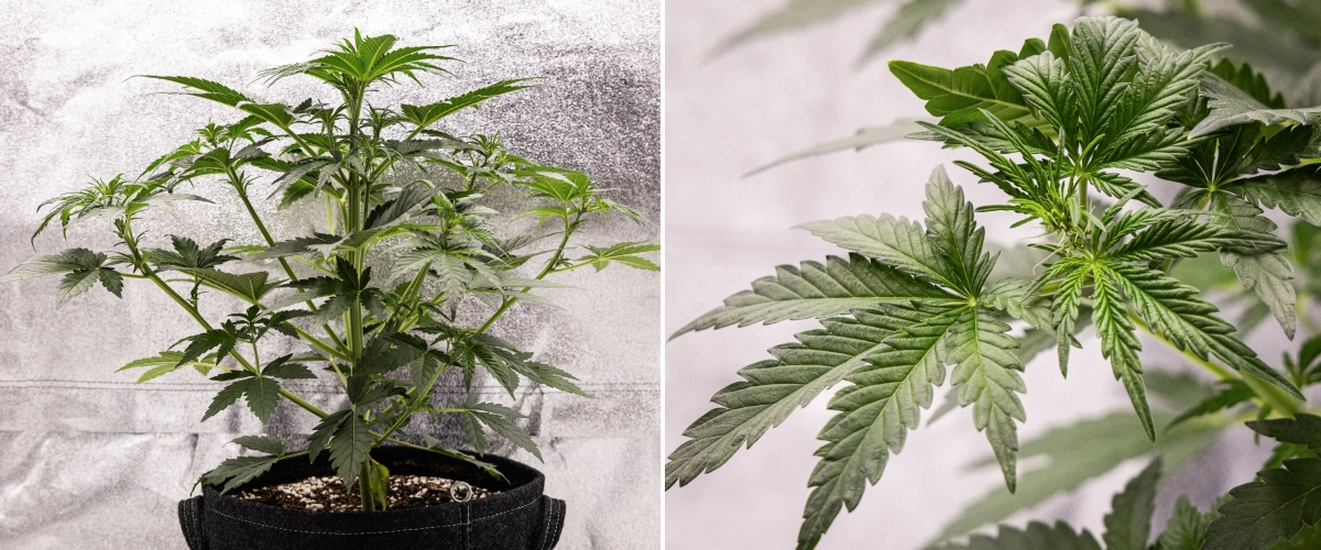Grow report Royal Creamatic: semana 4, início da floração Planta de canábis Royal Creamatic na semana 4, mostrando início da floração, folhagem verde saudável, pistilos frescos e forte desenvolvimento dos ramos.