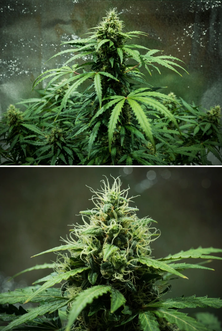 Grow report Royal Dwarf: semana 7, flores densas Planta de canábis Royal Dwarf na semana 7, mostrando flores densas e pegajosas, pistilos brancos, flores resinosas e folhagem verde saudável.