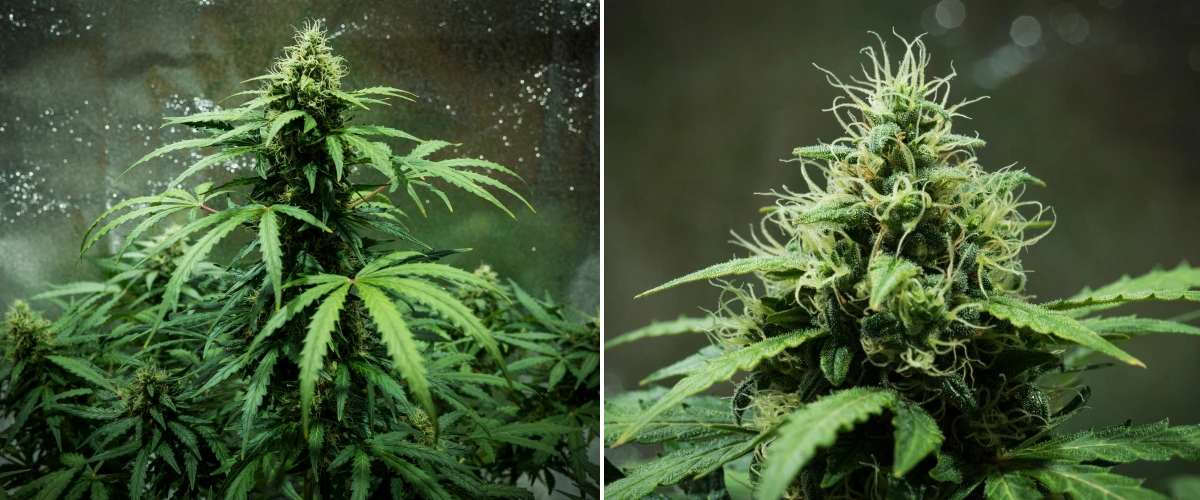 Grow report Royal Dwarf: semana 7, flores densas Planta de canábis Royal Dwarf na semana 7, mostrando flores densas e pegajosas, pistilos brancos, flores resinosas e folhagem verde saudável.