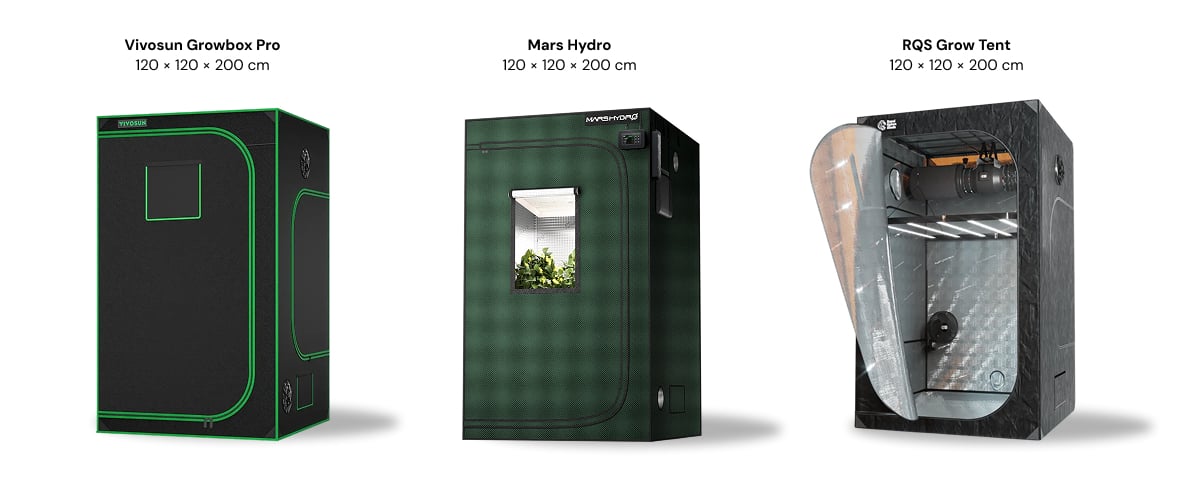 Três tendas de cultivo de 120 × 120 × 200 cm apresentadas lado a lado: Vivosun Growbox Pro, Mars Hydro e RQS Grow Tent