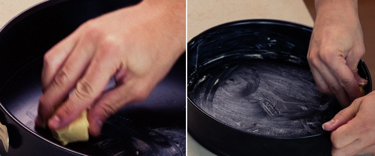 Untar uma forma de bolo com manteiga, primeiro passo para assar um cannabis space cake caseiro