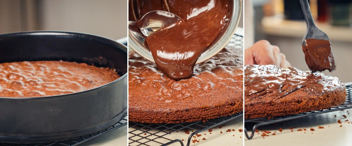 Despejar chocolate negro derretido sobre o space cake arrefecido e espalhar uniformemente, quarto passo para finalizar o cannabis space cake