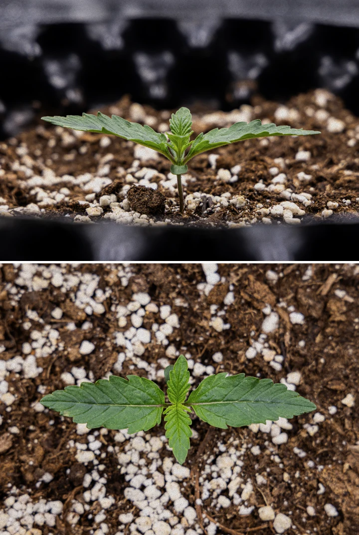 Siewka konopi GOAT'lato Auto w tygodniu 1 uprawiana w BioBizz Light Mix pod lampą LED, z pierwszymi liśćmi właściwymi i silnym wczesnym wzrostem