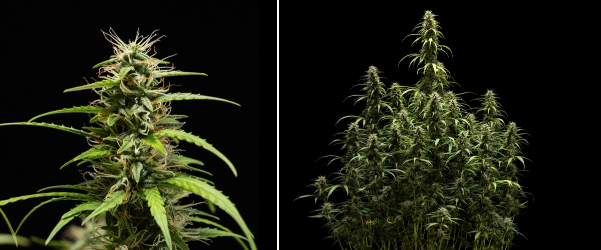 Planta de cannabis GOAT'lato Auto na semana 8 da floração tardia com flores densas e pegajosas, pistilos escurecidos e maturação completa sob luz LED